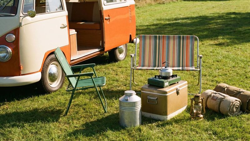 Campingausrüstung auf der Wiese neben einem orange-weißen Bus: Klappstühle