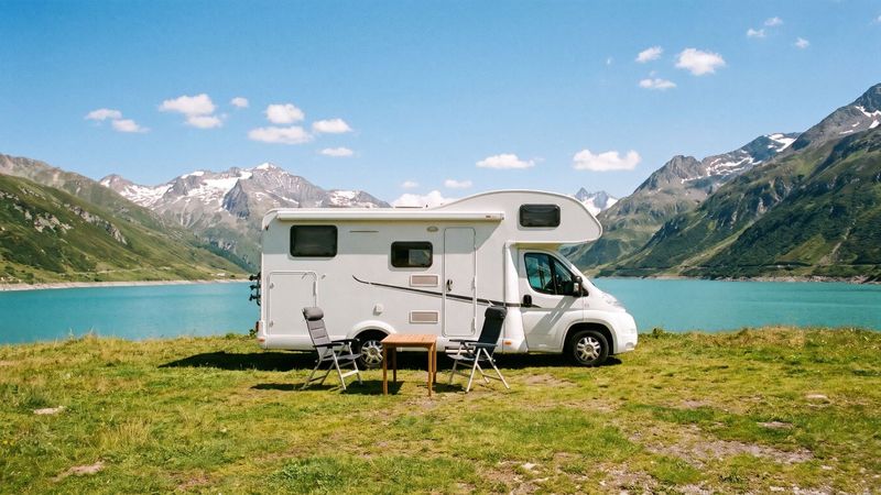 Weißes Wohnmobil mit zwei Campingstühlen und Tisch auf einer Wiese an einem türkisen Bergsee