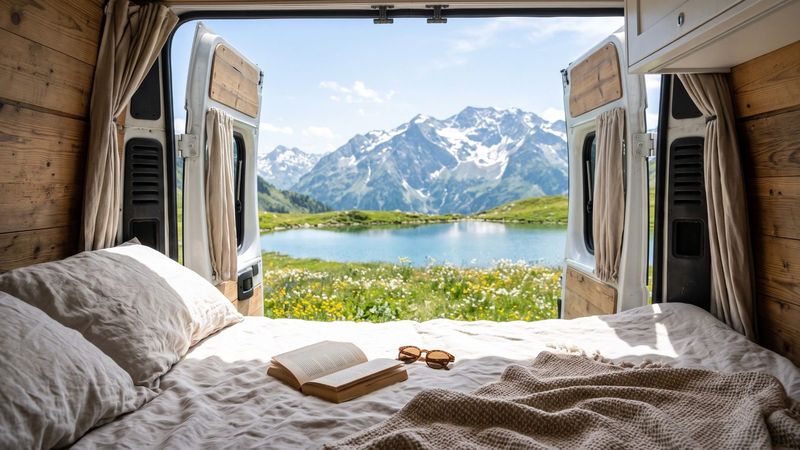 Blick vom Bett im Van durch die offenen Hecktüren auf einen Bergsee