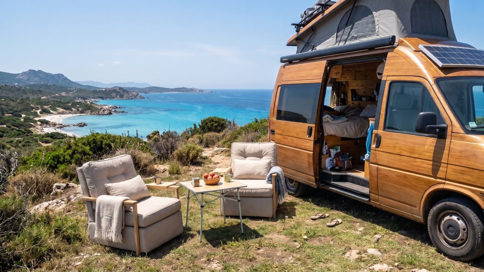 Kastenwagen mit Aufstelldach an einer Bucht auf Sardinien, davor ein Sessel und ein Tisch mit Pfirsichen